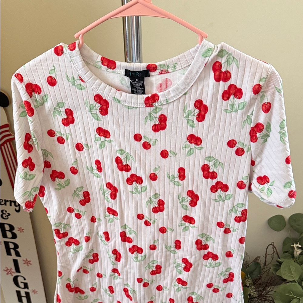 Rue21 White Ribbed Tee with Red Cherry Print